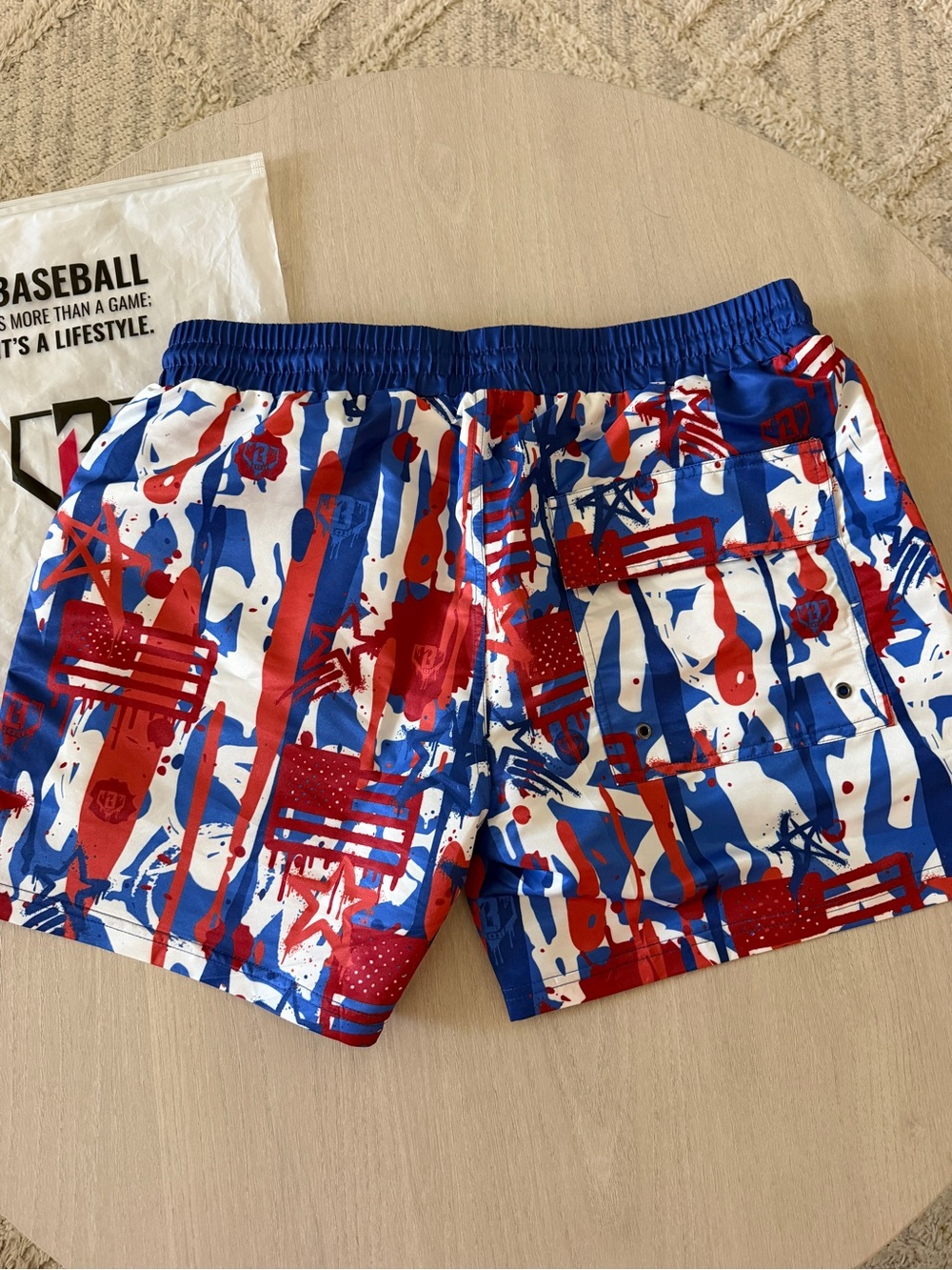 Baseball Lifestyle 101 BL101 men’s graffiti red white blue swim trunks - Picture 4 of 6